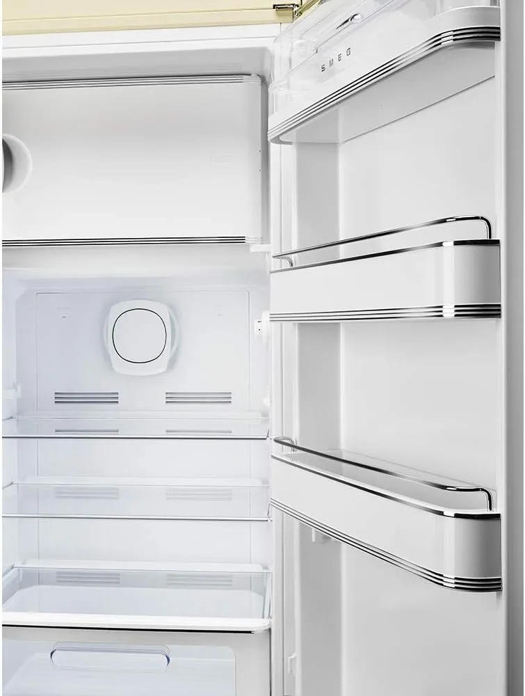 Smeg FAB28 50's Retro Style Aesthetic Top Freezer Refrigerator with 9.92 Cu Total Capacity, Multiflow Cooling System, Adjustable Glass Shelves 24-Inches, Cream Left Hand Hinge Made In Italy