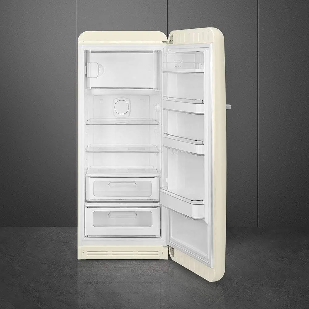 Smeg FAB28 50's Retro Style Aesthetic Top Freezer Refrigerator with 9.92 Cu Total Capacity, Multiflow Cooling System, Adjustable Glass Shelves 24-Inches, Cream Left Hand Hinge Made In Italy