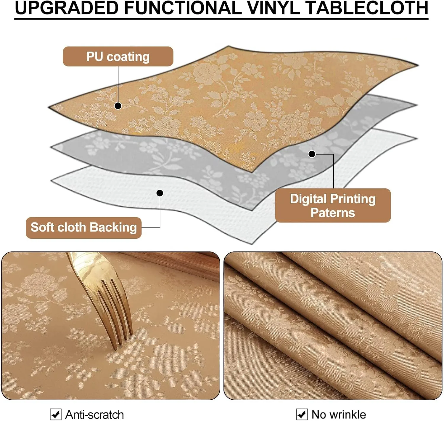 Smiry Rectangle Table Cloth, Waterproof Heavy Duty Vinyl Tablecloths, Wipeable Washable Table Cover for Kitchen and Dining Room (Brown, 60" X 84")