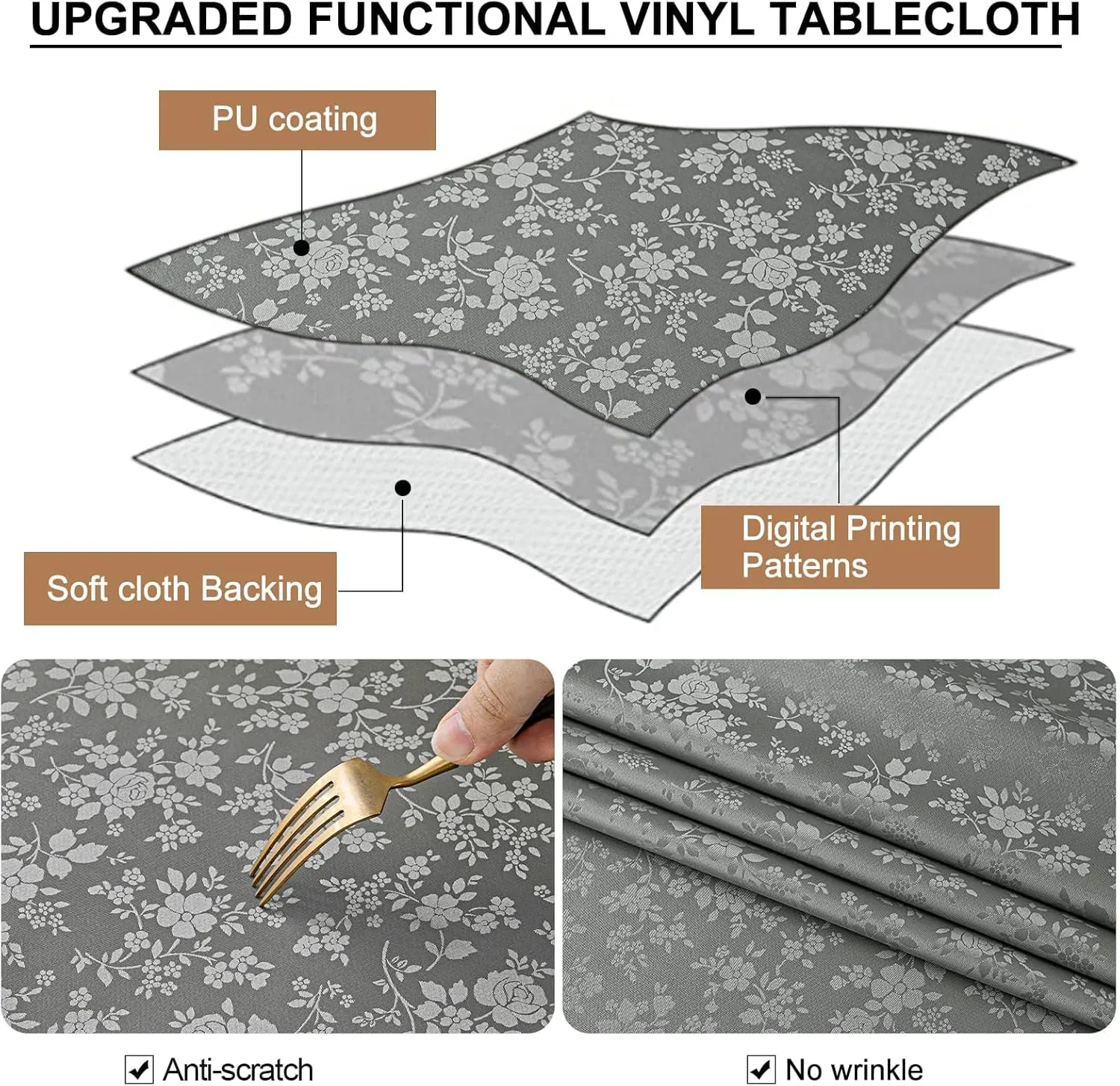 Smiry Rectangle Table Cloth, Waterproof Heavy Duty Vinyl Tablecloths, Wipeable Washable Table Cover for Kitchen and Dining Room (Grey, 60" X 84")