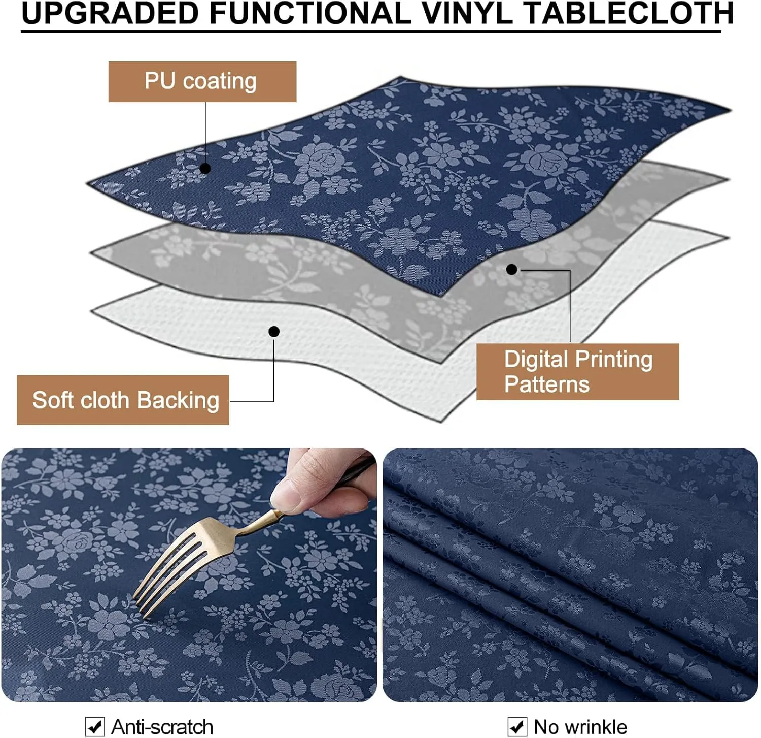 Smiry Rectangle Table Cloth, Waterproof Heavy Duty Vinyl Tablecloths, Wipeable Washable Table Cover for Kitchen and Dining Room (Navy Blue, 60" X 84")
