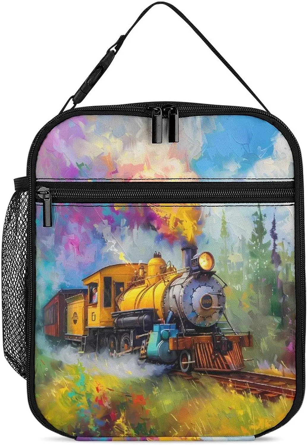 Smoke Steam Train Painting Lunch Bag Insulated Box Portable Reusable Tote Handbag with Strap for Women Men