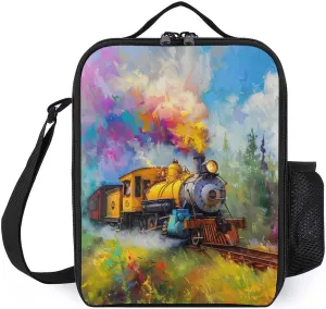 Smoke Steam Train Painting Lunch Bag Insulated Cooler Dinner Box Reusable Tote Bag with Shoulder Strap for Work