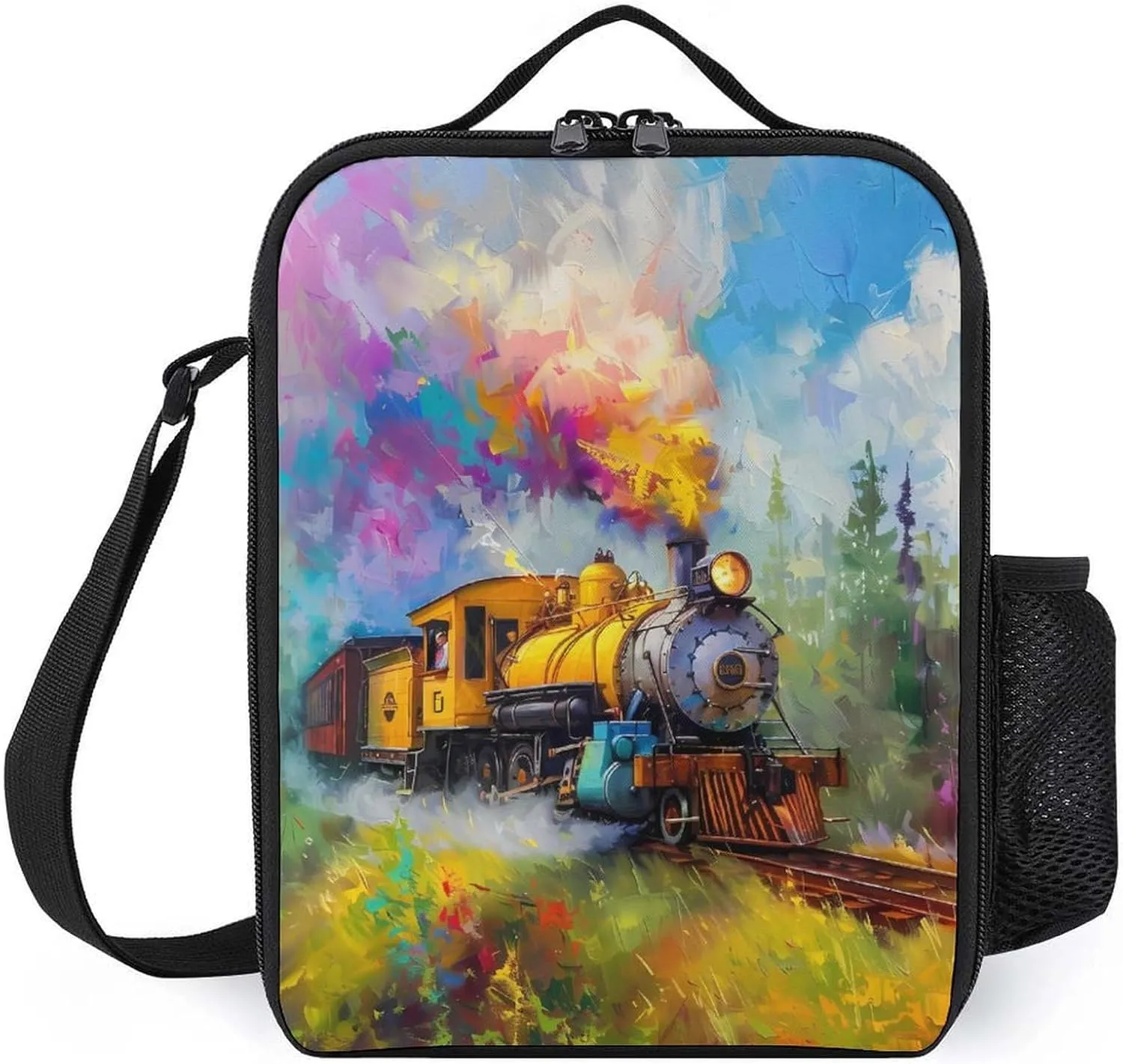 Smoke Steam Train Painting Lunch Bag Insulated Cooler Dinner Box Reusable Tote Bag with Shoulder Strap for Work