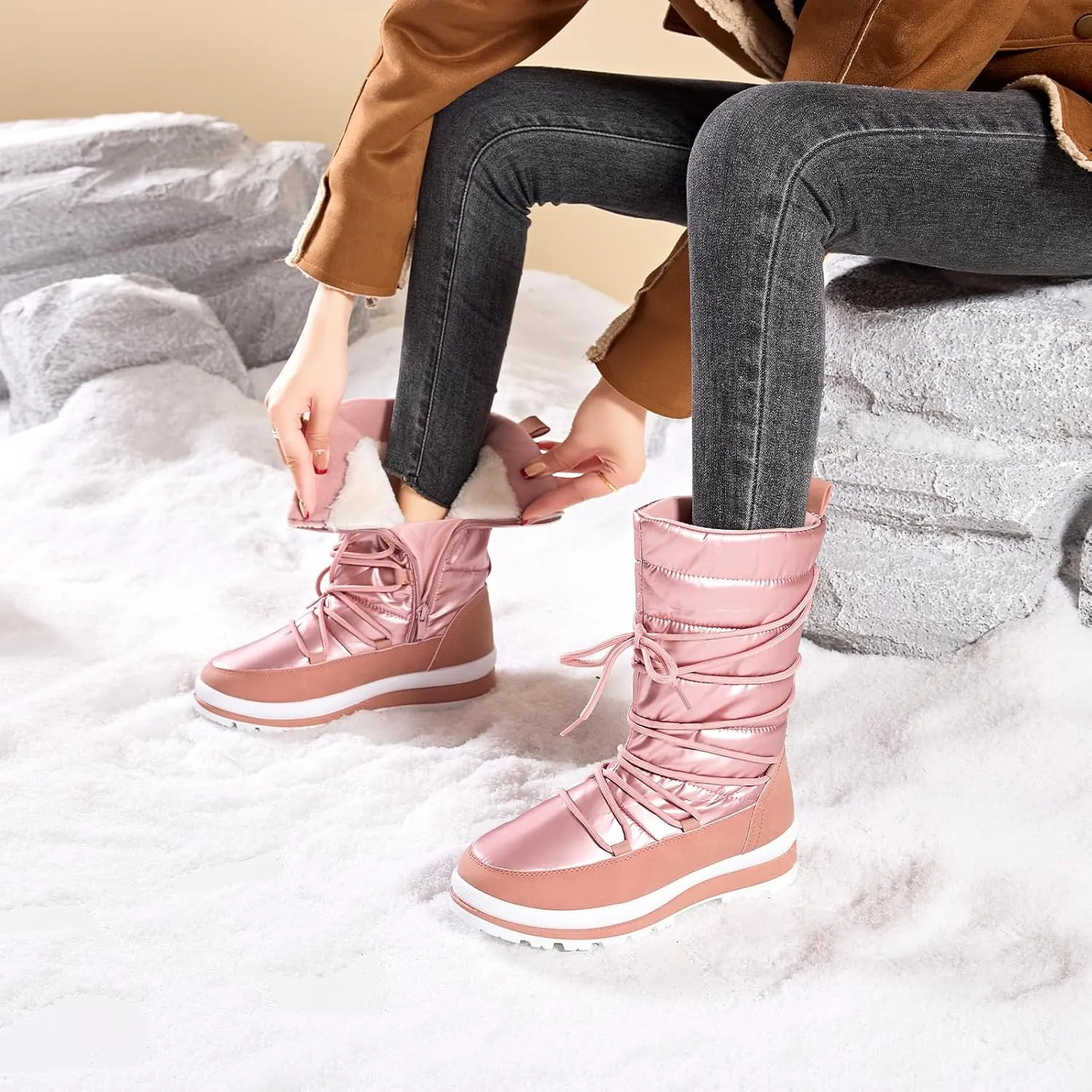 Snow Boots for Women Fur Winter Boots Waterproof Ski Boots Women's Mid Calf Boots Furry White Lace up Boots with Zipper