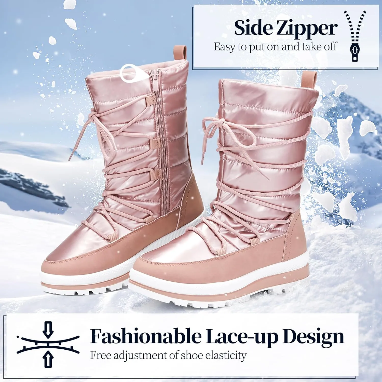 Snow Boots for Women Fur Winter Boots Waterproof Ski Boots Women's Mid Calf Boots Furry White Lace up Boots with Zipper