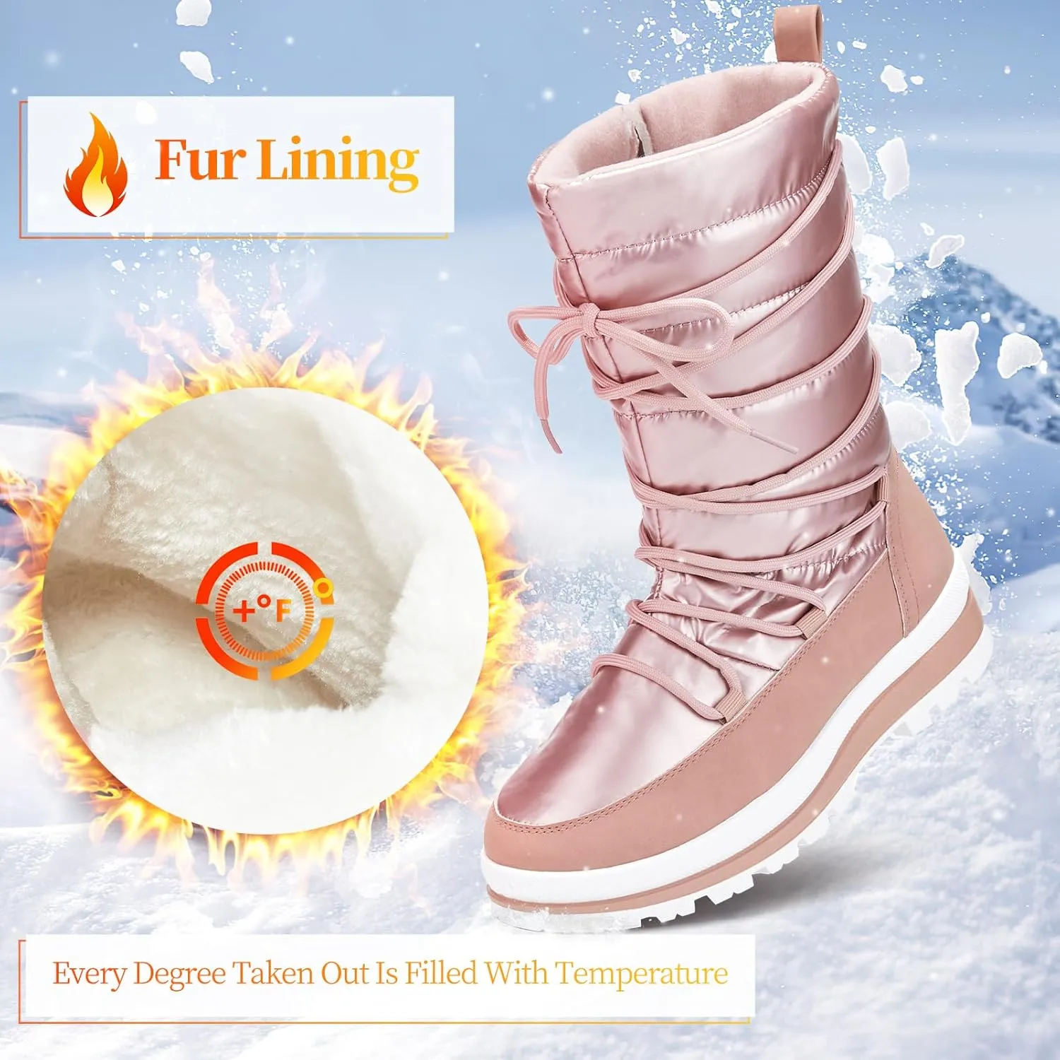 Snow Boots for Women Fur Winter Boots Waterproof Ski Boots Women's Mid Calf Boots Furry White Lace up Boots with Zipper
