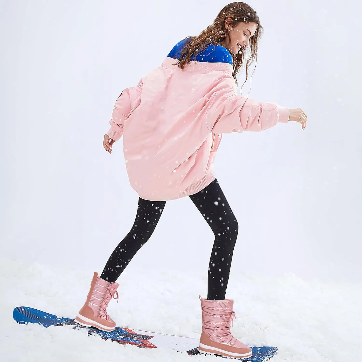 Snow Boots for Women Fur Winter Boots Waterproof Ski Boots Women's Mid Calf Boots Furry White Lace up Boots with Zipper