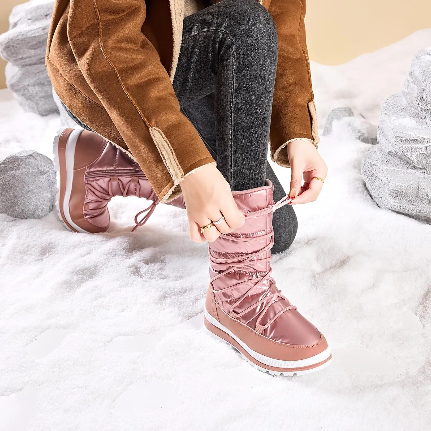Snow Boots for Women Fur Winter Boots Waterproof Ski Boots Women's Mid Calf Boots Furry White Lace up Boots with Zipper