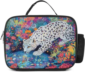 Snow Leopard Psychedelic Garden Stream Lunch Bag for Women Cooler Bags Tote Meal Box with Side Pocket Large Detachable