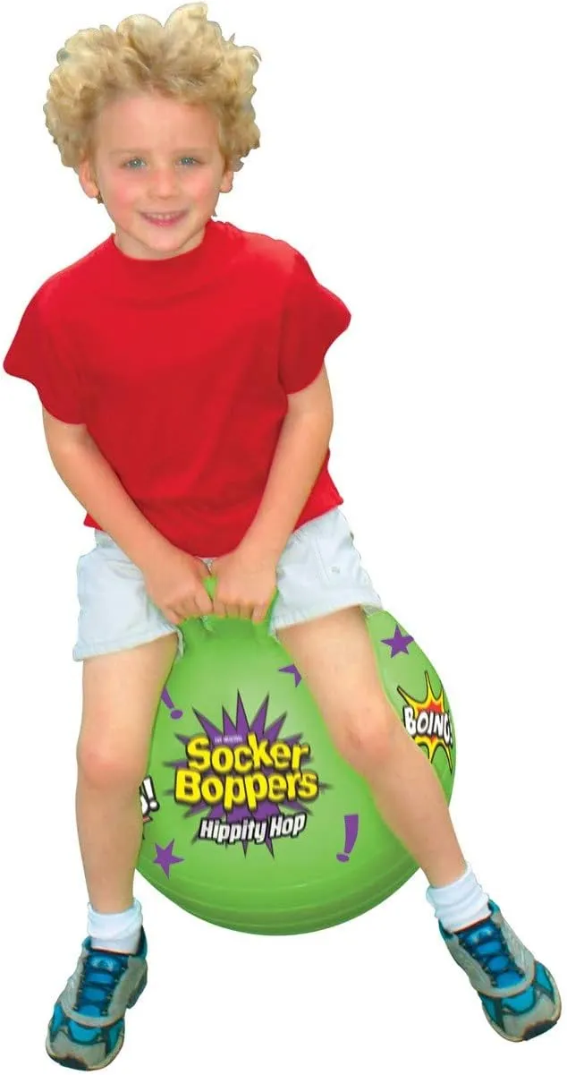 Socker Bopper Hippity Hopper Ball, Inflatable Jump Balance 15” Ball for Kids, Neon Green, Indoor and Outdoor Fun, Durable Heavy Gauge Vinyl, EZ Grip Handle, Promotes Balance-Coordination-Strength