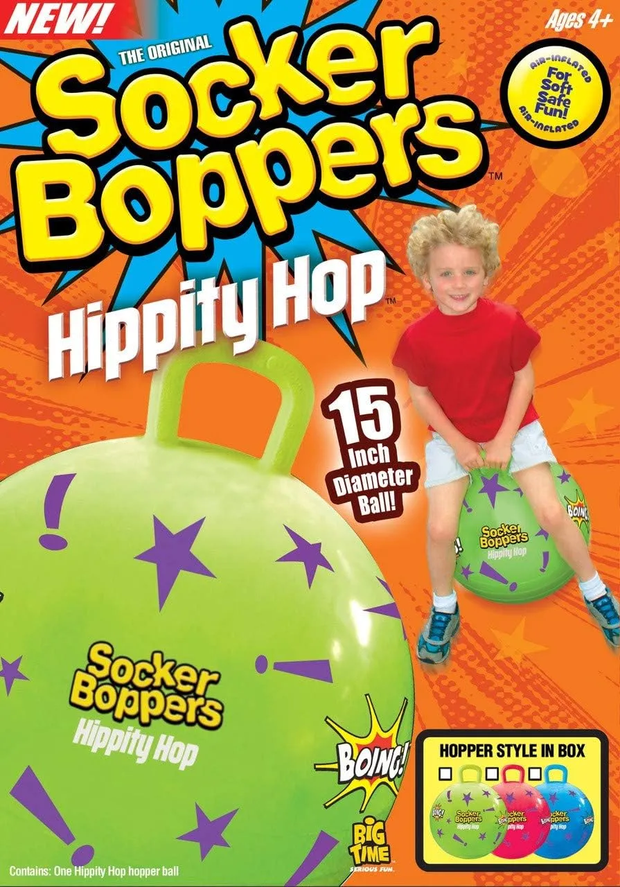 Socker Bopper Hippity Hopper Ball, Inflatable Jump Balance 15” Ball for Kids, Neon Green, Indoor and Outdoor Fun, Durable Heavy Gauge Vinyl, EZ Grip Handle, Promotes Balance-Coordination-Strength