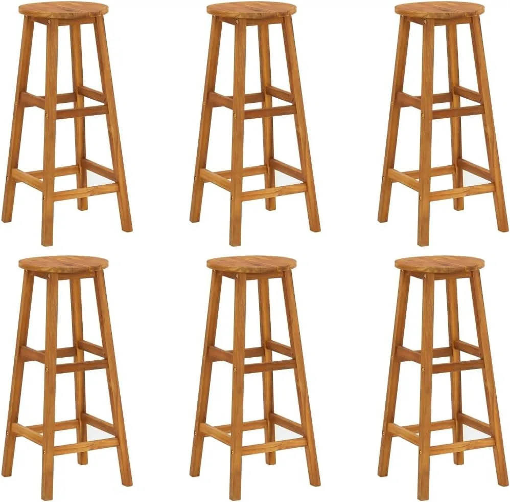 Solid Acacia Wood Bar Stool Set 6 PCS Outdoor Furniture Durable Oil-Finished Patio Chairs with Footrest for Backyard Beach Poolside