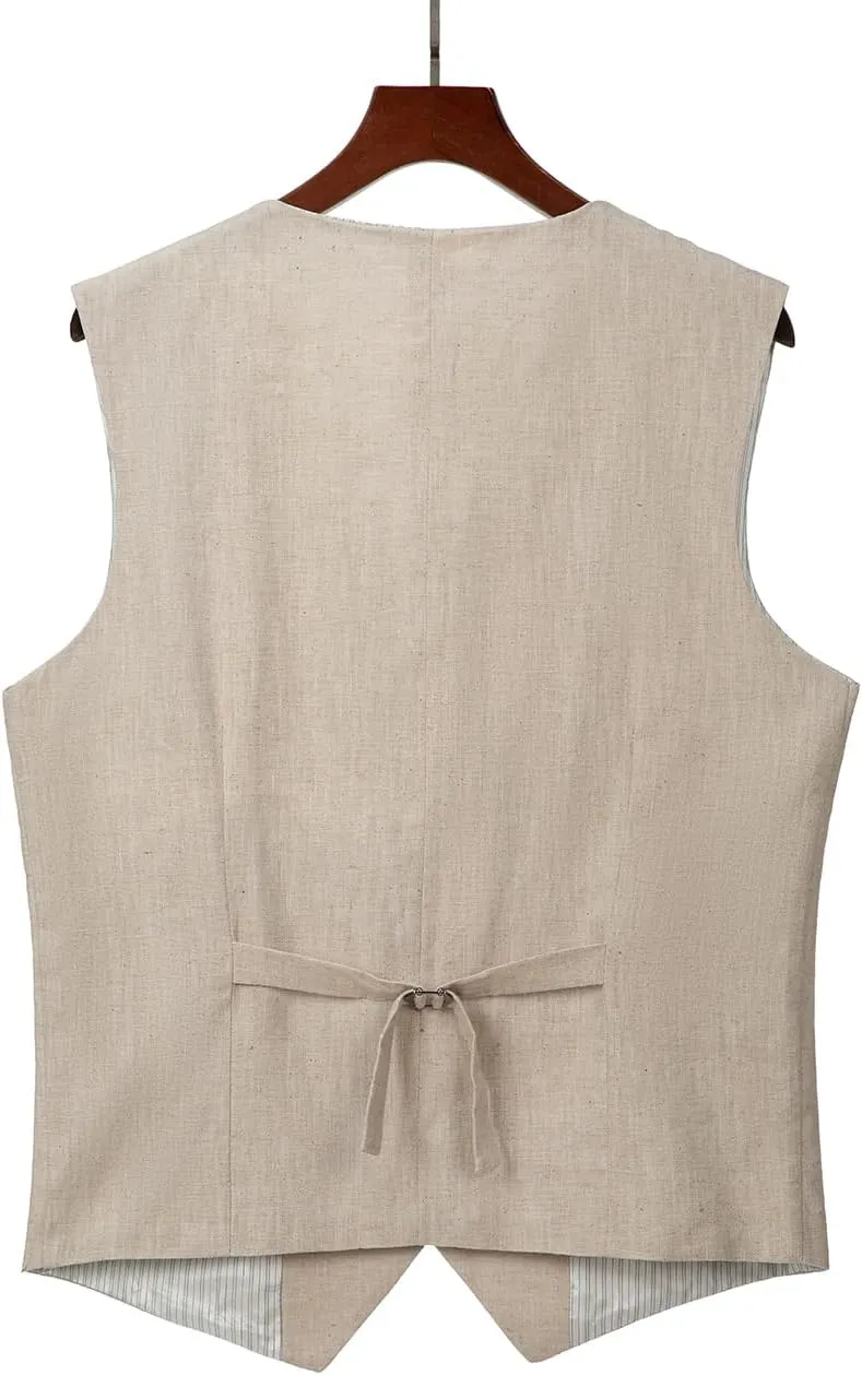 SOLOVEDRESS Men's Summer Leisure Cotton Linen Suit Vest Dress V Neck Waistcoat for Party and Beach