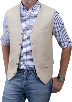 SOLOVEDRESS Men's Summer Leisure Cotton Linen Suit Vest Dress V Neck Waistcoat for Party and Beach