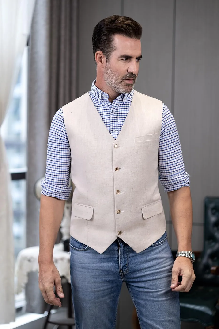 SOLOVEDRESS Men's Summer Leisure Cotton Linen Suit Vest Dress V Neck Waistcoat for Party and Beach