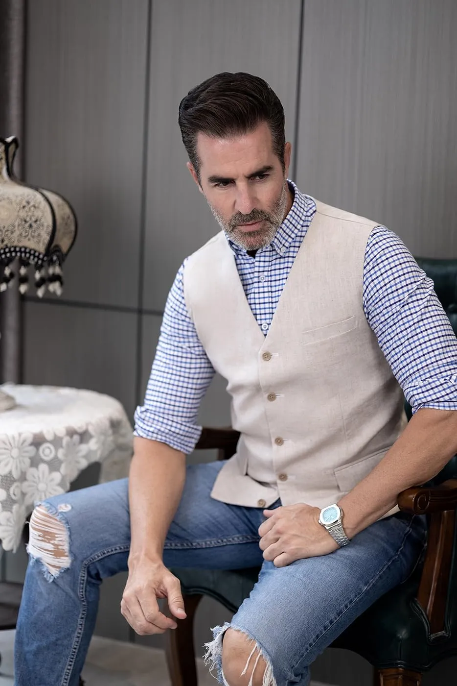 SOLOVEDRESS Men's Summer Leisure Cotton Linen Suit Vest Dress V Neck Waistcoat for Party and Beach