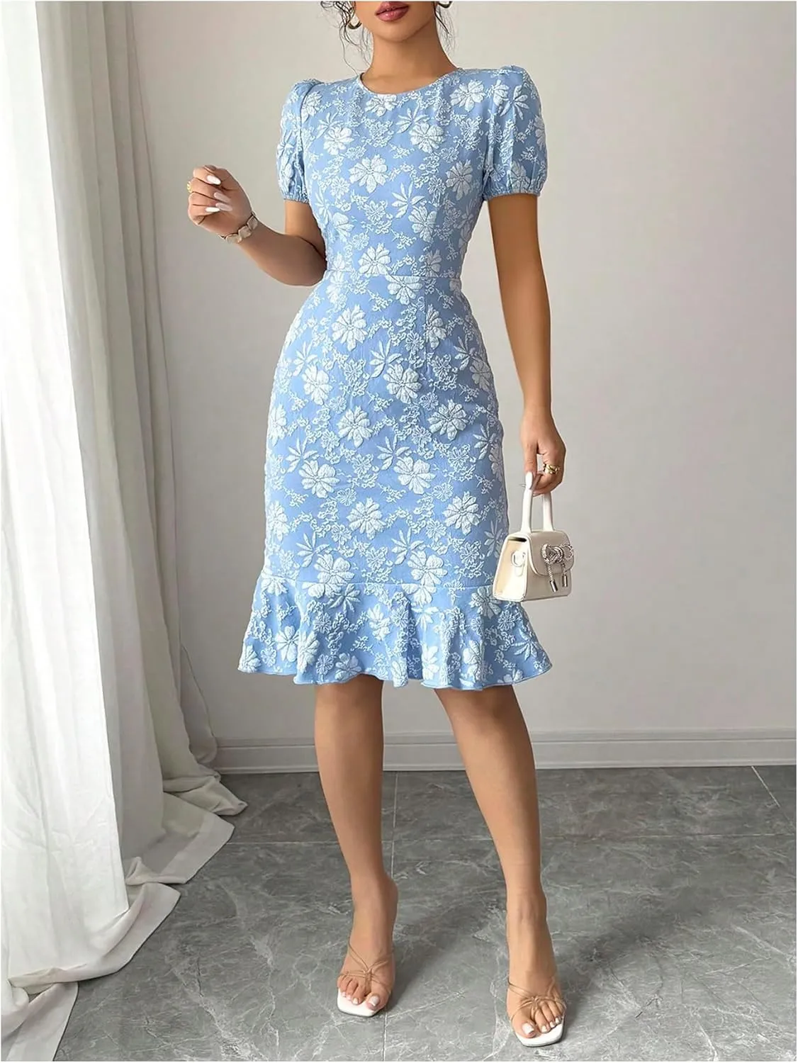 SOLY HUX Women's Puff Sleeve Ruffle Dress Elegant Jacquard Crew Neck Bodycon Going Out Dresses