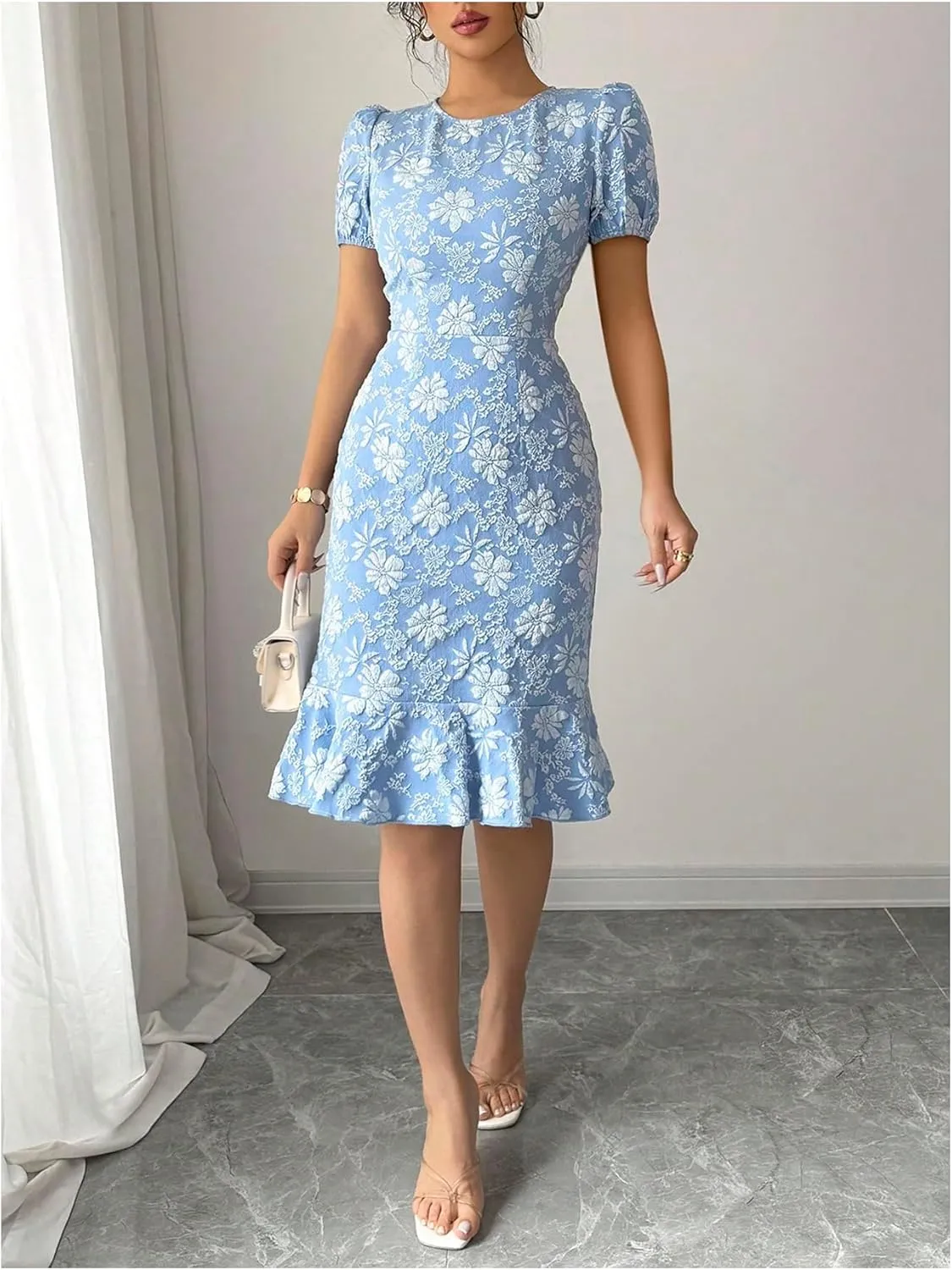 SOLY HUX Women's Puff Sleeve Ruffle Dress Elegant Jacquard Crew Neck Bodycon Going Out Dresses