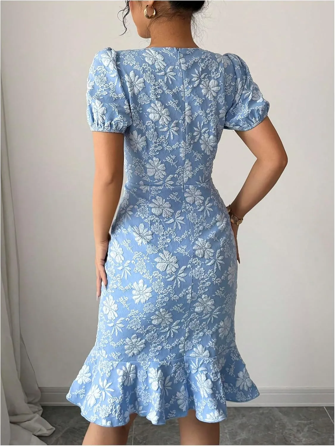 SOLY HUX Women's Puff Sleeve Ruffle Dress Elegant Jacquard Crew Neck Bodycon Going Out Dresses