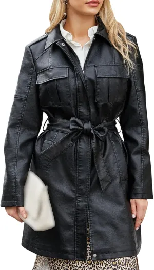 SOMTHRON Women's Mid Length Faux PU Leather Trench Coat Long Sleeve Zip Up Lapel Long Jacket Overcoat with Belt