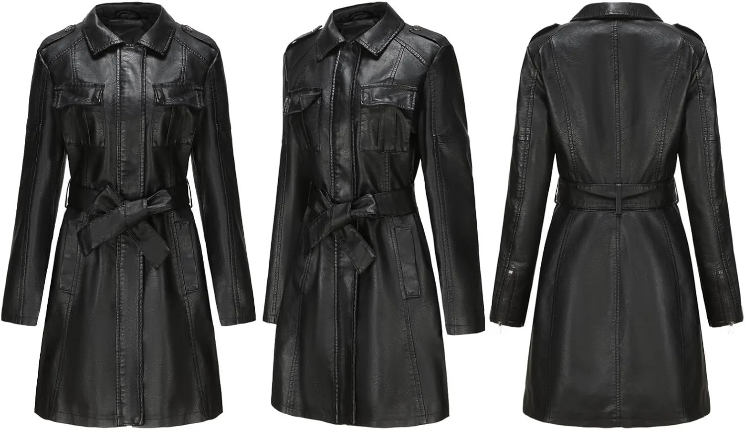 SOMTHRON Women's Mid Length Faux PU Leather Trench Coat Long Sleeve Zip Up Lapel Long Jacket Overcoat with Belt