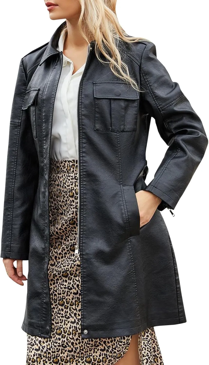 SOMTHRON Women's Mid Length Faux PU Leather Trench Coat Long Sleeve Zip Up Lapel Long Jacket Overcoat with Belt