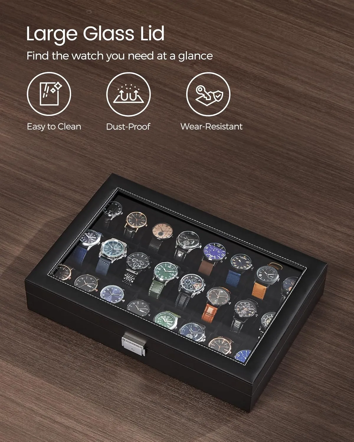 SONGMICS Watch Box, 24-Slot Watch Case, Lockable Watch Storage Box with Glass Lid, Gift Idea, Ink Black Synthetic Leather, Ink Black Lining UJWB024B02