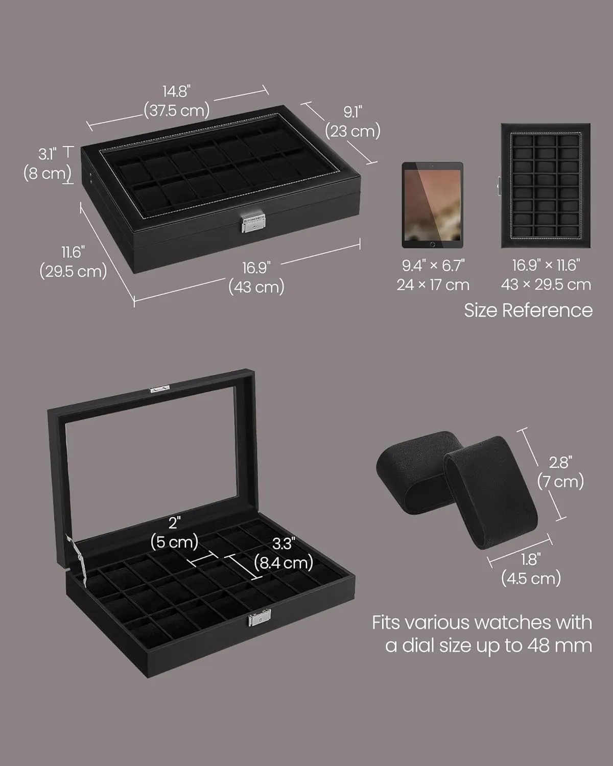 SONGMICS Watch Box, 24-Slot Watch Case, Lockable Watch Storage Box with Glass Lid, Gift Idea, Ink Black Synthetic Leather, Ink Black Lining UJWB024B02