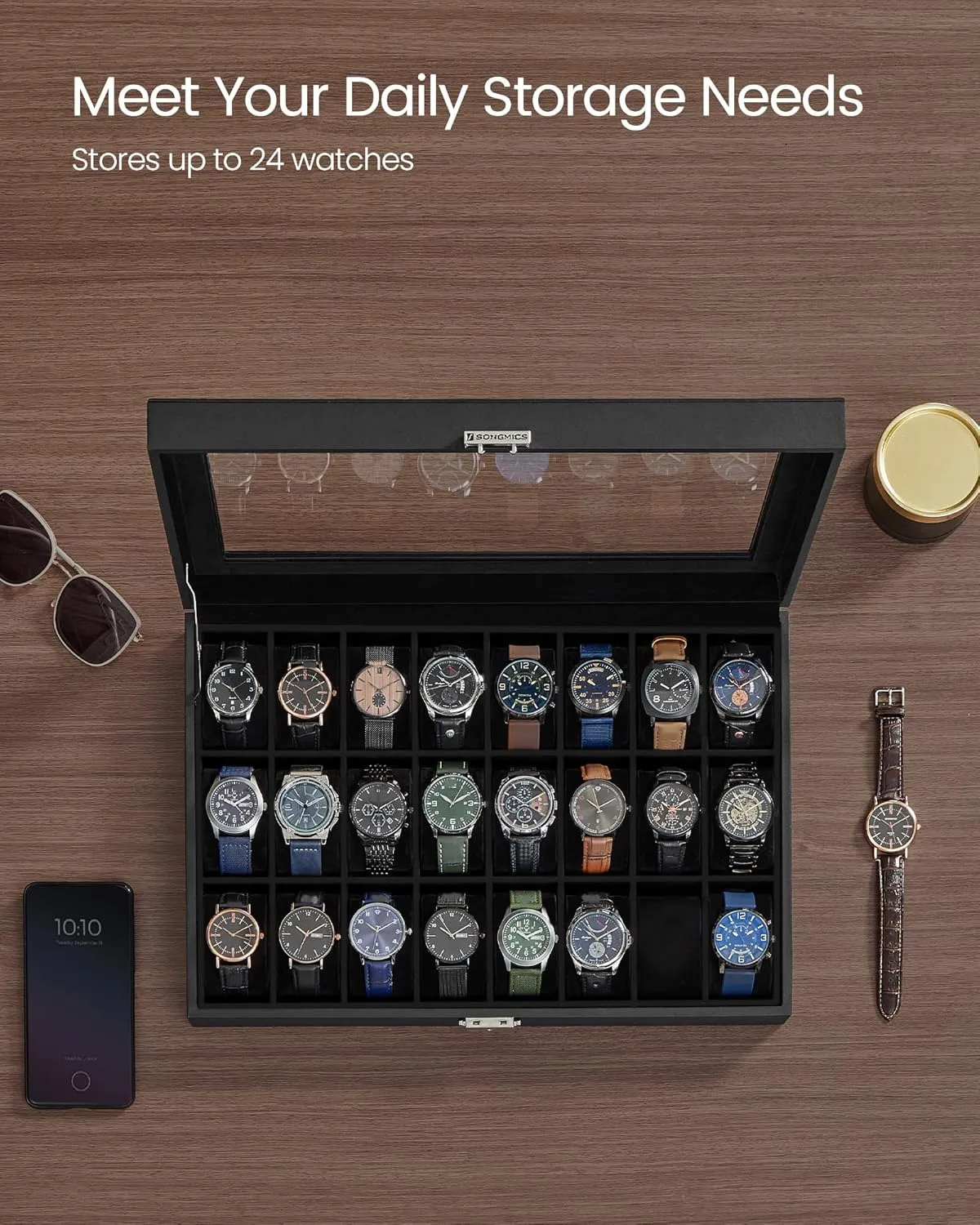 SONGMICS Watch Box, 24-Slot Watch Case, Lockable Watch Storage Box with Glass Lid, Gift Idea, Ink Black Synthetic Leather, Ink Black Lining UJWB024B02