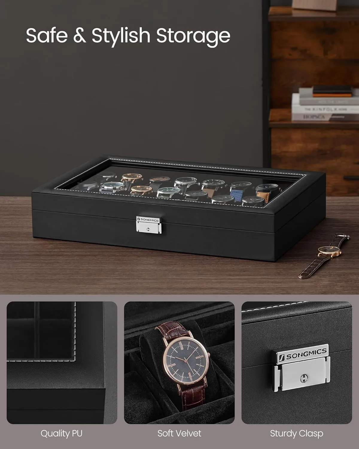 SONGMICS Watch Box, 24-Slot Watch Case, Lockable Watch Storage Box with Glass Lid, Gift Idea, Ink Black Synthetic Leather, Ink Black Lining UJWB024B02