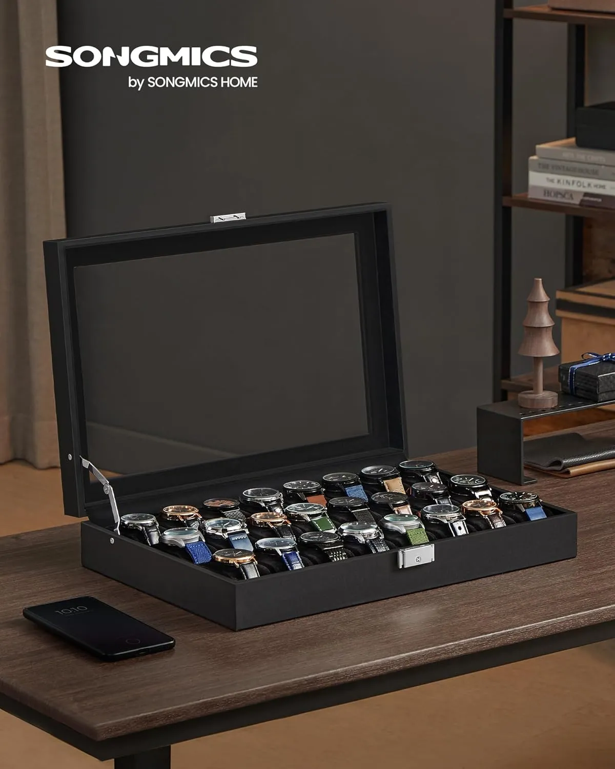SONGMICS Watch Box, 24-Slot Watch Case, Lockable Watch Storage Box with Glass Lid, Gift Idea, Ink Black Synthetic Leather, Ink Black Lining UJWB024B02