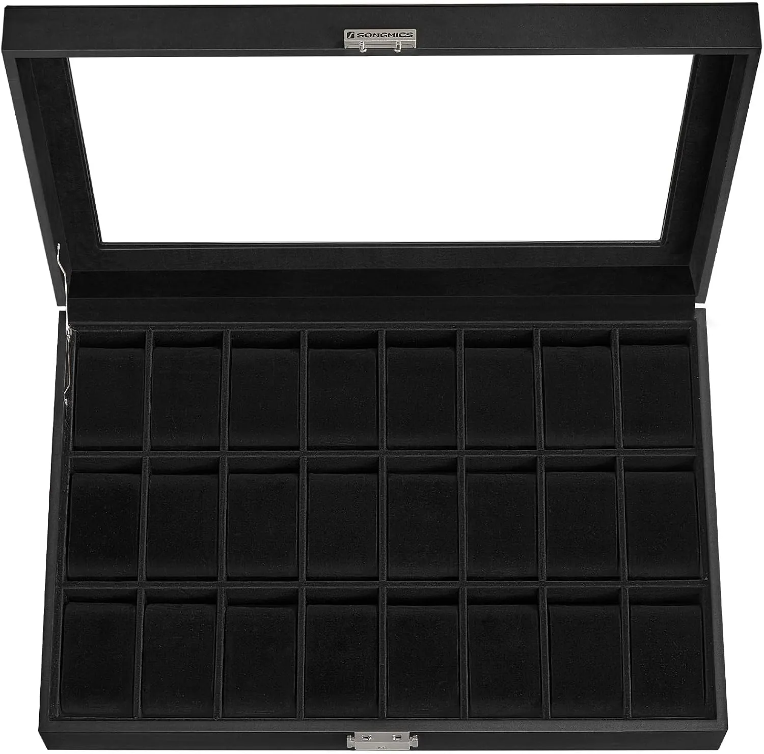 SONGMICS Watch Box, 24-Slot Watch Case, Lockable Watch Storage Box with Glass Lid, Gift Idea, Ink Black Synthetic Leather, Ink Black Lining UJWB024B02