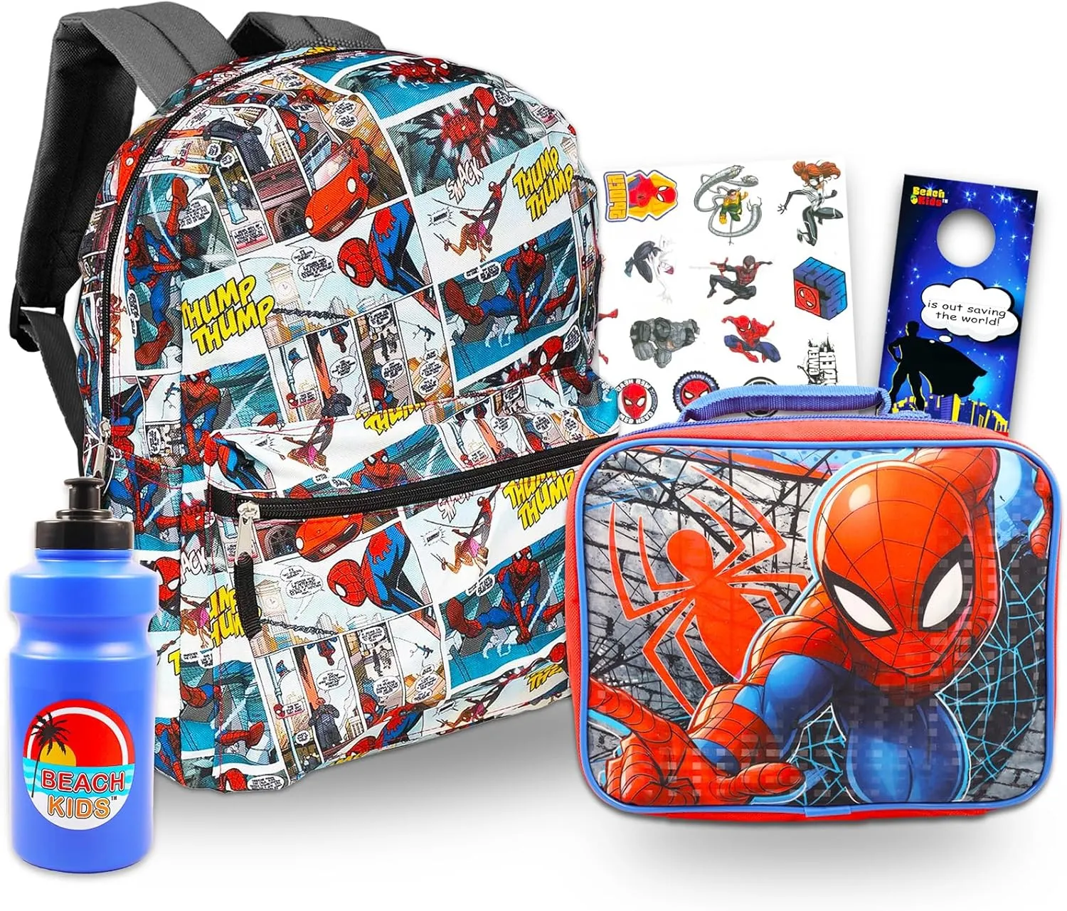 Spiderman Backpack with Lunch Bag Set - Bundle with Spidey Bag and Lunch Box, Bottle, Tattoos, More | Spiderverse School Supplies
