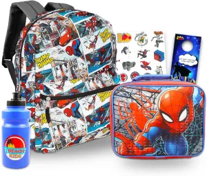Spiderman Backpack with Lunch Bag Set - Bundle with Spidey Bag and Lunch Box, Bottle, Tattoos, More | Spiderverse School Supplies