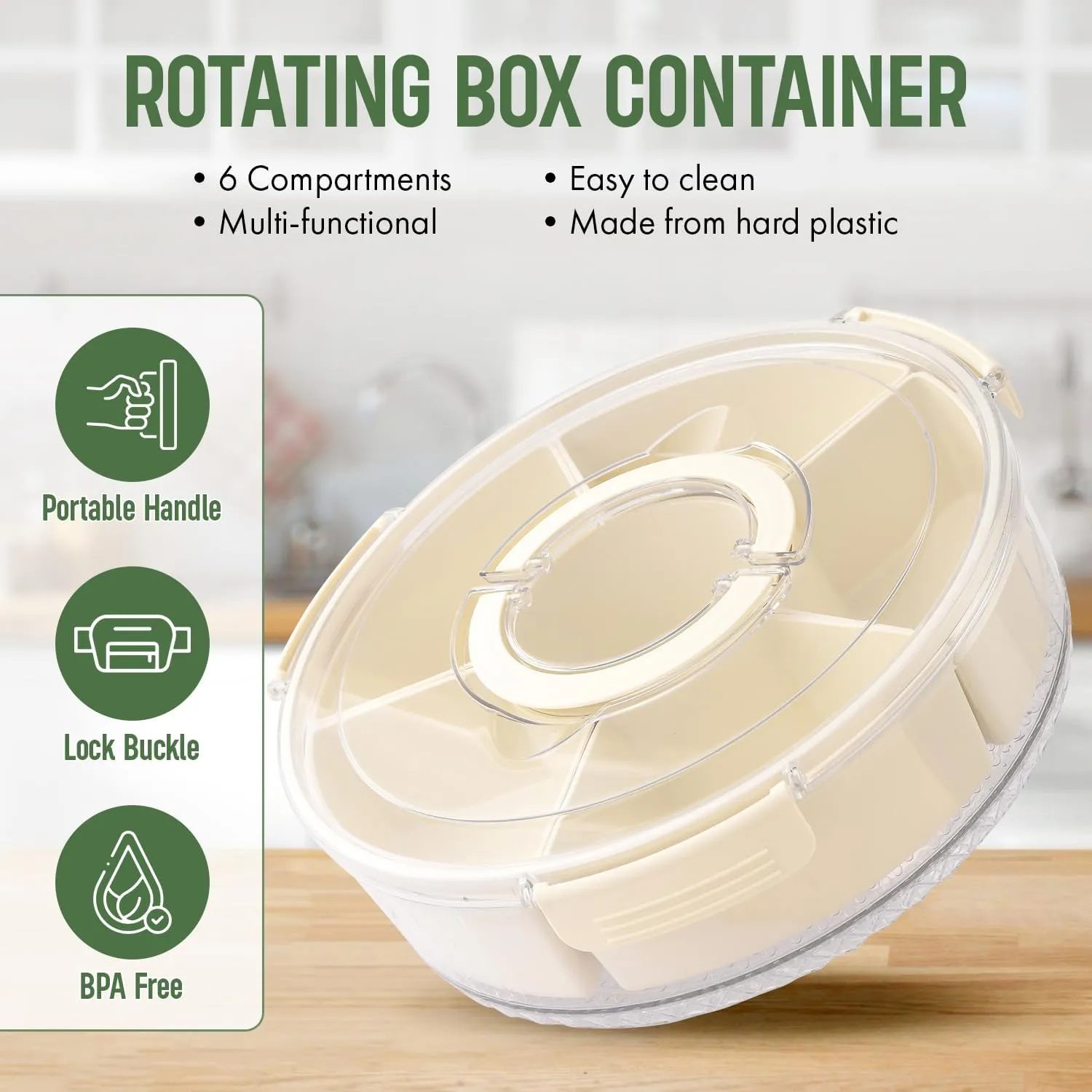 Spining Divided Serving Tray with Lid Veggie Tray With Lid and Handle, Multi-Purpose Snackle Box Container for Charcuterie, Taco Tuesday, Movie Night, Travel, Beach, or Picnic Essentials