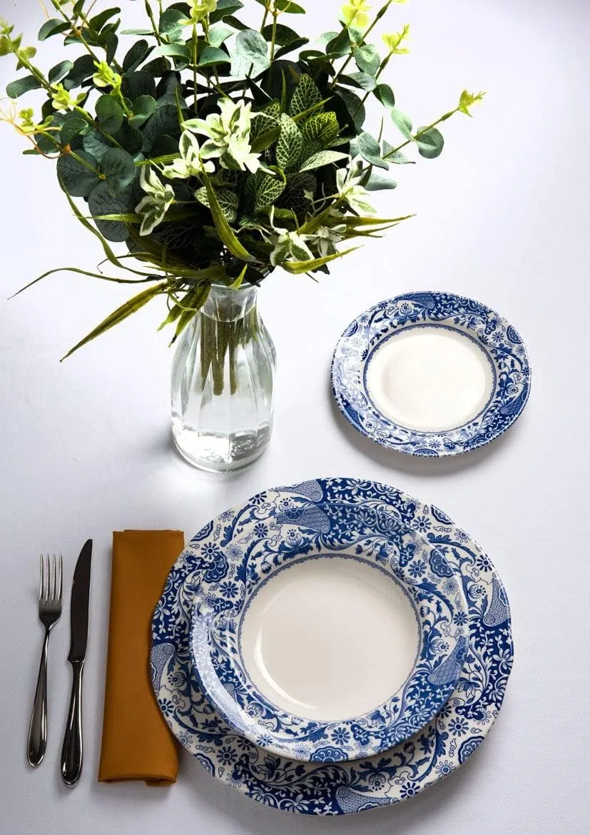 Spode Blue Italian Brocato Collection | Dinner Plates | Set of 4 | 10.5-Inches | Round Salad and Appetizer Plate | Blue and White | Dishwasher Safe | Made in England