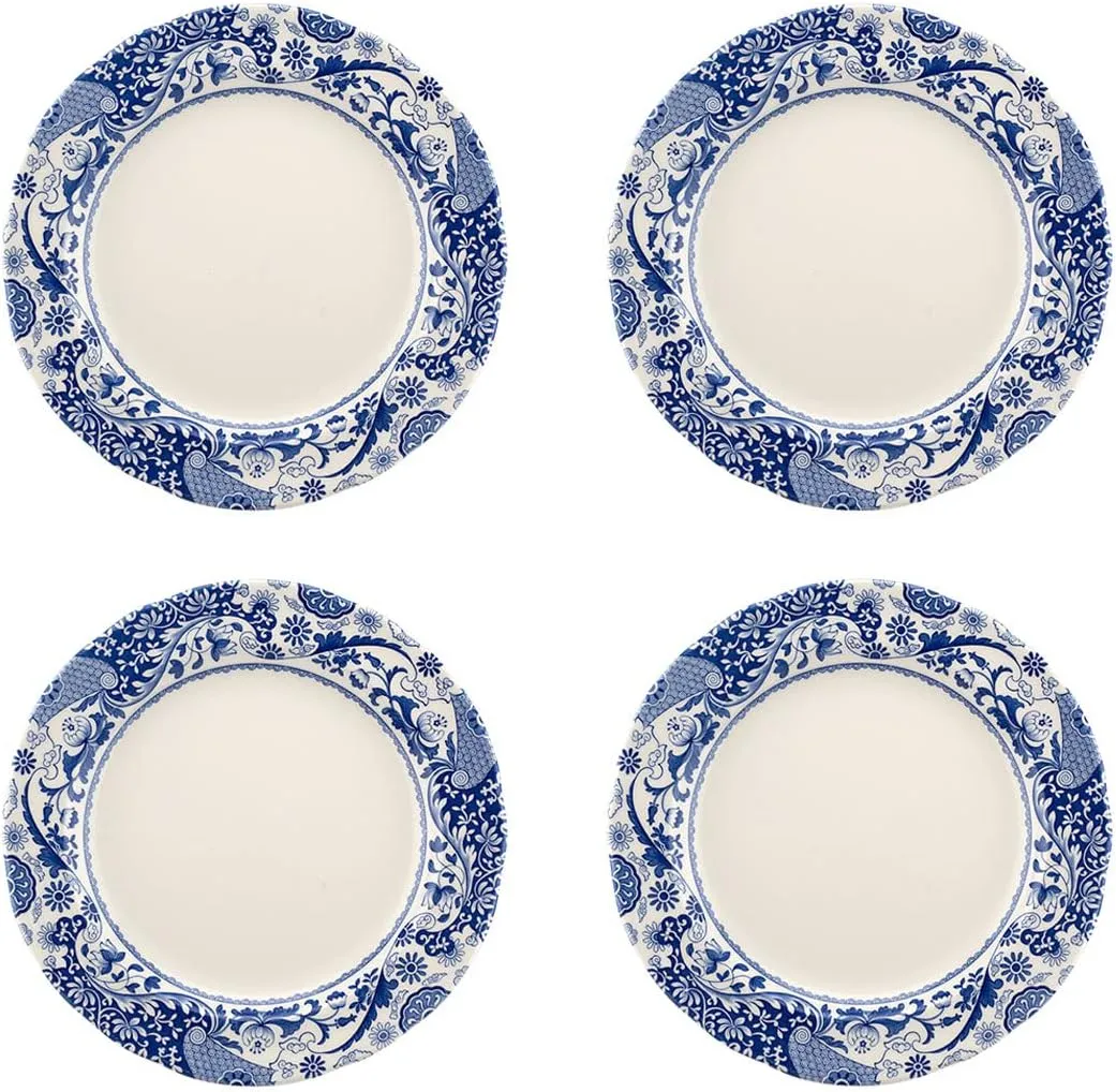 Spode Blue Italian Brocato Collection | Dinner Plates | Set of 4 | 10.5-Inches | Round Salad and Appetizer Plate | Blue and White | Dishwasher Safe | Made in England