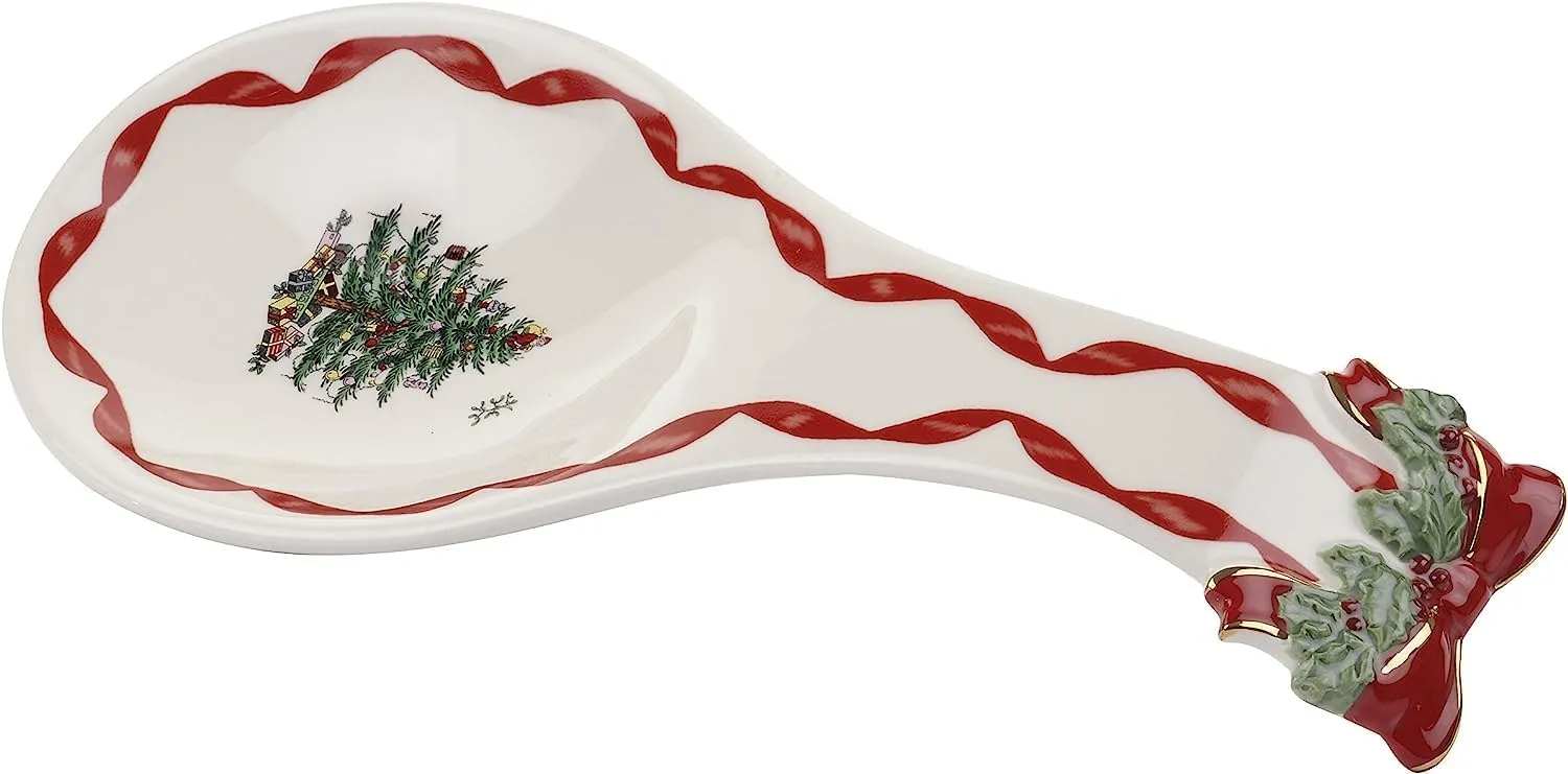 Spode Christmas Tree Ribbons Spoon Rest, 9.25" Festive Holiday Cooking Utensil Holder, Fine Earthenware - Ladle Holder for Kitchen Countertop - Dishwasher Safe, Christmas Kitchen Décor