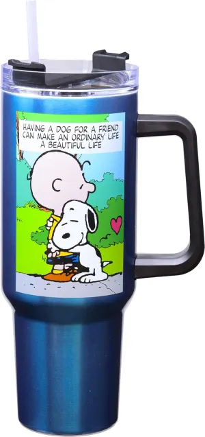 Spoontiques - Stainless Steel Travel Mug with Handle - 40 oz Capacity - Double Wall Stainless Steel with Sliding Lock Travel Lid - 11” Tall -Peanuts
