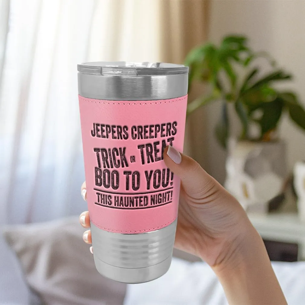 Stainless-Steel Leather Travel Mug Tumbler 20 Ounces Jepers Creepers Engraved Thermal Coffee Cup Red