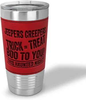 Stainless-Steel Leather Travel Mug Tumbler 20 Ounces Jepers Creepers Engraved Thermal Coffee Cup Red