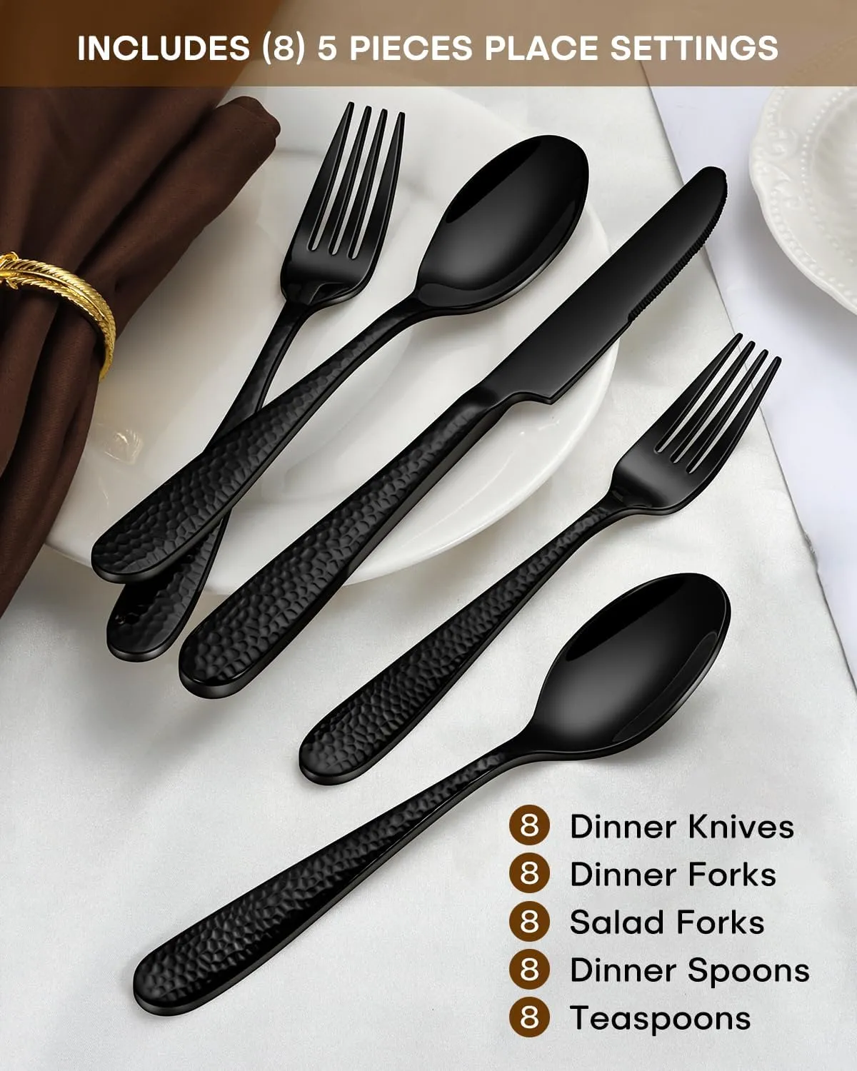 Stapava 40-Piece Black Hammered Silverware Set, Food Grade Stainless Steel Flatware Set for 8, Mirror Polished Tableware Cutlery Set for Home Restaurant and Hotel, Dishwasher Safe Utensils Set