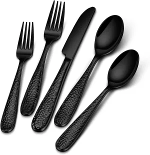 Stapava 40-Piece Black Hammered Silverware Set, Food Grade Stainless Steel Flatware Set for 8, Mirror Polished Tableware Cutlery Set for Home Restaurant and Hotel, Dishwasher Safe Utensils Set