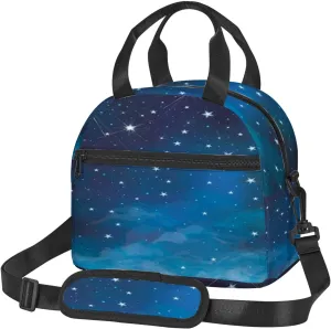 Starry Night,Insulated Reusable Lunch Bag with Adjustable Shoulder Strap for Adults,Star in Sky Astronomy,Leakproof Office Picnic Hiking Beach Tote Bag,Blue,9x5x7.8in