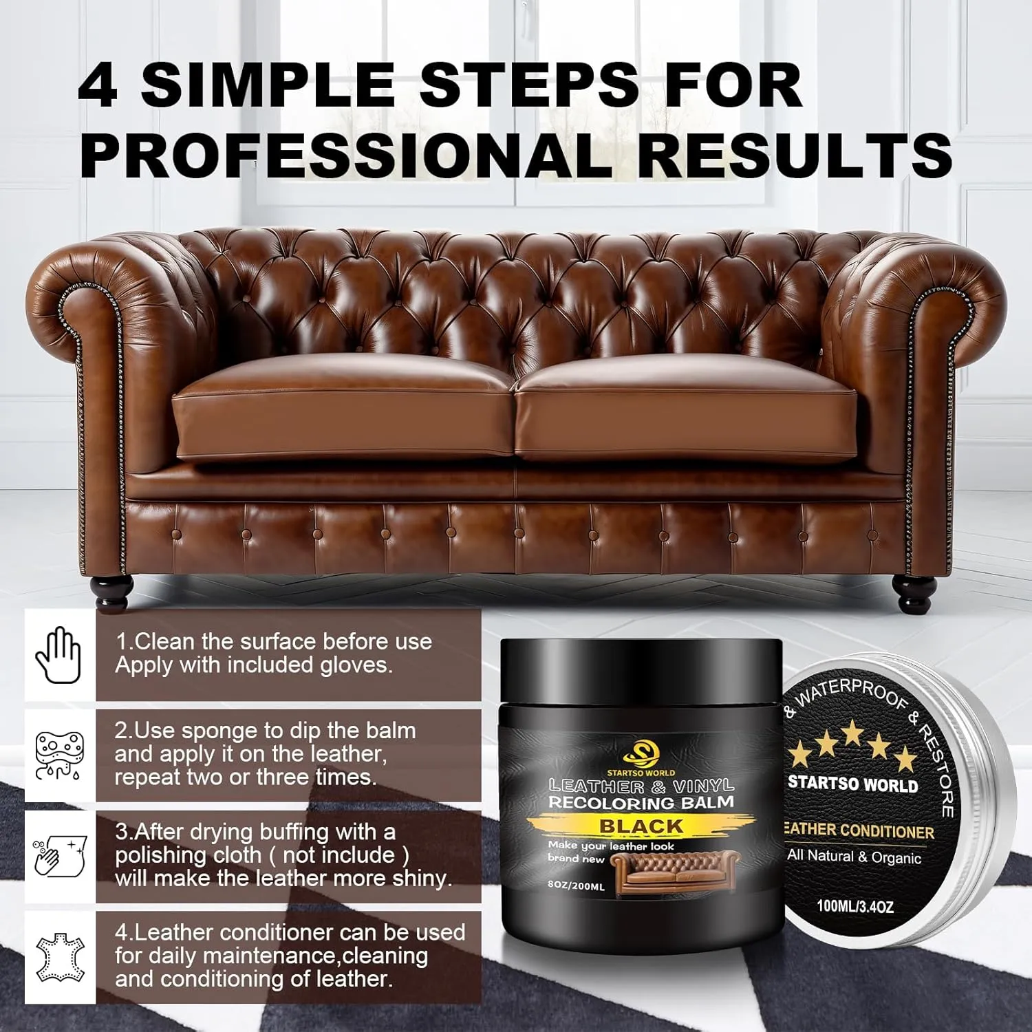 STARTSO WORLD 200Ml Leather Recoloring Balm with 100ML Leather Conditioner, Black Leather Repair Kit for Furniture, Leather Dye, Leather Scratch Repair, Leather Couch Paint