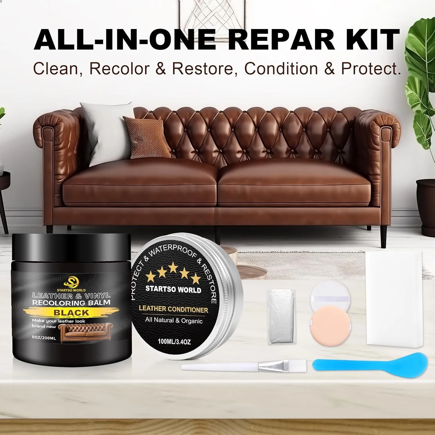 STARTSO WORLD 200Ml Leather Recoloring Balm with 100ML Leather Conditioner, Black Leather Repair Kit for Furniture, Leather Dye, Leather Scratch Repair, Leather Couch Paint