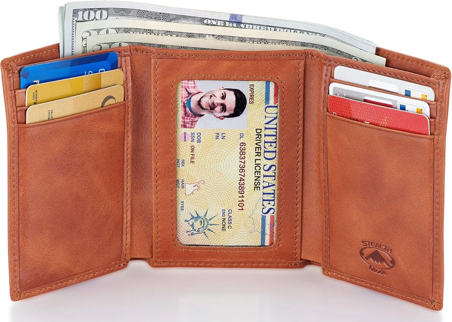 Stealth Mode Trifold Leather Wallet for Men with RFID Blocking
