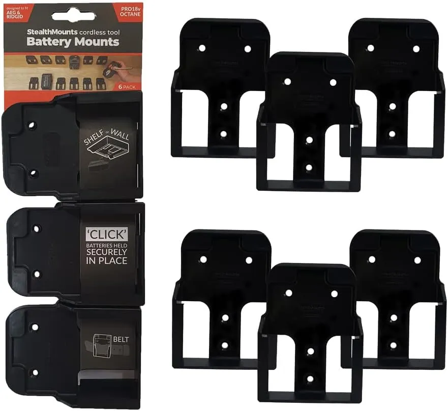 StealthMounts Battery Holder Compatible with Ridgid 18V (6 Pack) - Black | StealthMounts Battery Mounts | Made in the UK