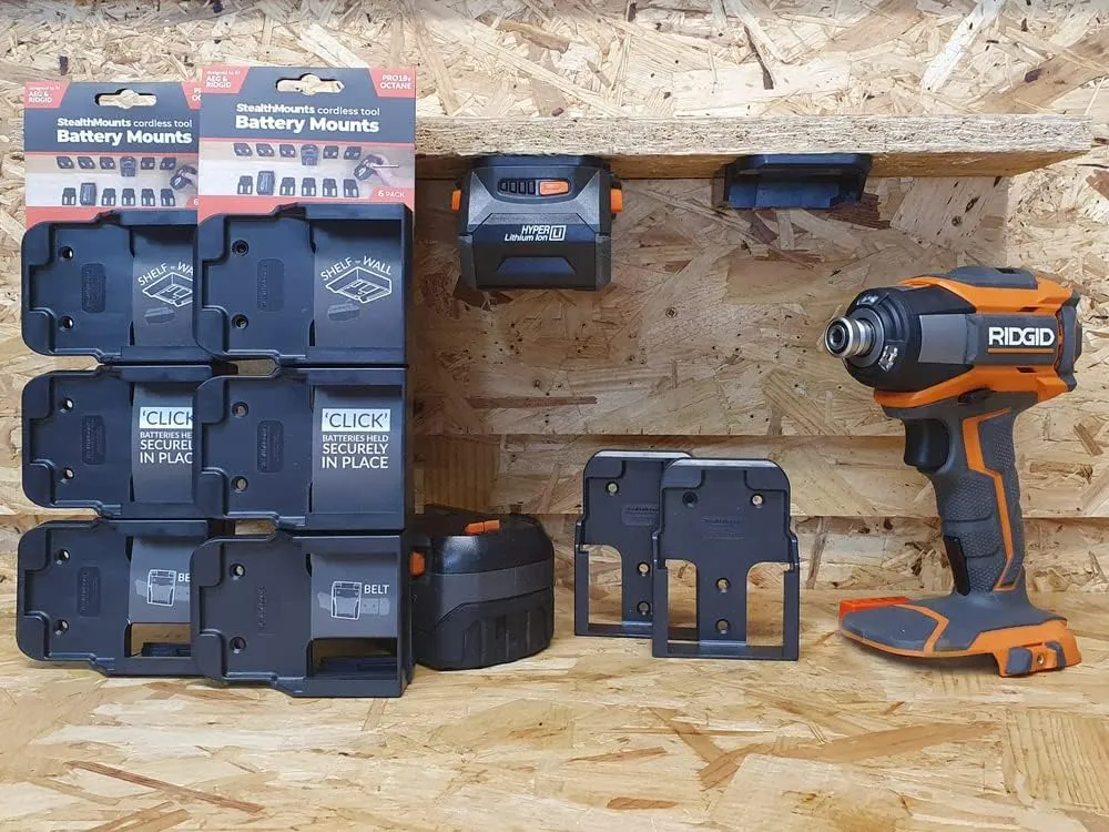 StealthMounts Battery Holder Compatible with Ridgid 18V (6 Pack) - Black | StealthMounts Battery Mounts | Made in the UK
